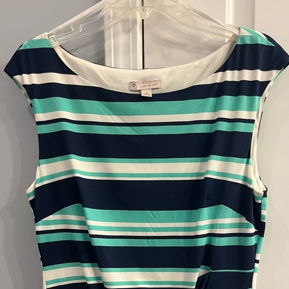 🍀EUC! Dressbarn striped sleeveless sheath dress navy/ivory/aqua Size 16 🍀 - Picture 3 of 6